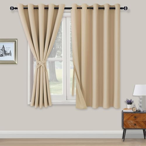 XWZO Blackout Curtains Shades Window Curtain Panels with Tiebacks- Noise Reduction and Thermal Insulated Eyelet Curtains for Bedroom,Living Room,Office,Study Room Beige W66xL54
