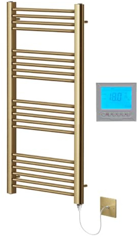 Greened House Brushed Brass Electric Towel Rail 500mm W x 1200mm H + Timer