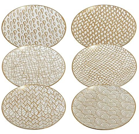 Certified International Mosaic Gold Plated 6 Luncheon/Canape Plates, Set of 6 Assorted Designs