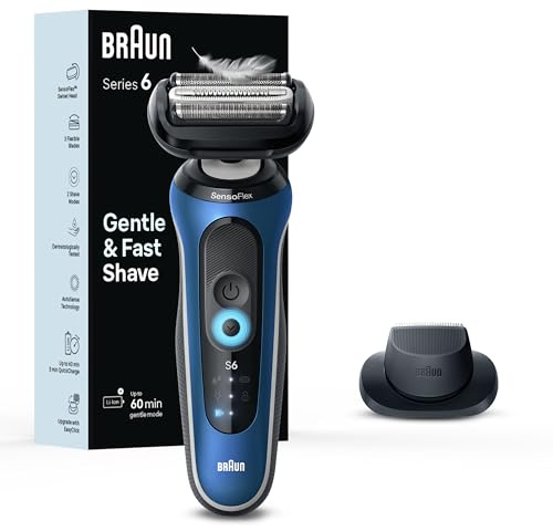 Braun Electric Shaver for Men, Series 6 6120s, Wet & Dry Shave, Turbo & Gentle Shaving Modes, with Precision Trimmer & Pouch, Blue