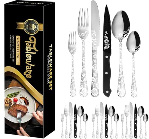XIAOYU Juego de plata de 24 piezas con cuchillo de bistec, juego de vajilla de acero inoxidable de 4 piezas, juego de vajilla de diseño de peonía único, incluyendo tenedores, cucharas y cuchillos