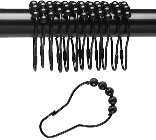 12 Stück Duschvorhang Haken,7.4cm*4.2cm Edelstahl Duschvorhangringe,Metall Ring für Duschvorhangstange Kleiderstange mit Gleitsystem,Schwarz