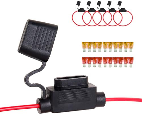 SCOOYUCK 5 Stück 18 AWG Sicherungshalter 12 Volt, Standard Medium ATC/ATO KFZ Flachsicherungshalter, Ausgestattet mit Sicherung (5x5A, 5×10A) Geeignet für Standard Sicherungshalter für Pkw, Lkw