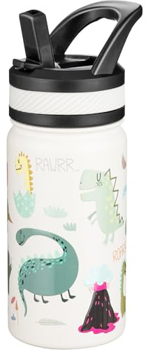 Fanhaw Botella de Agua de Acero Inoxidable 420 ml – Botella Térmica para Niños con Pajita, Doble Pared, a prueba de fugas, sin BPA – Para Escuela, Viajes, Deporte (Blanco – Dinosaurio Adorable)