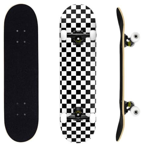 ERNAN Skateboard 31x8 Zoll Komplette für Kinder Jugendliche Erwachsene, komplettes Standard-Skateboards, 7 Schichten Ahorn-Deck, konkaves Skateboard (Black and White Check)