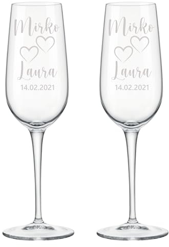Colorfamily Set di 2 Calici Flute da Champagne Personalizzati con Incisione Nomi e Data, Innamorati Regalo Matrimonio Anniversario per Coppia