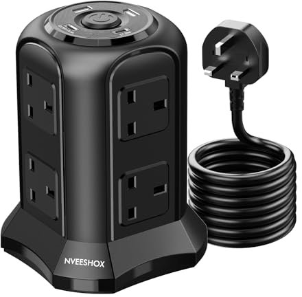 NVEESHOX Tower Extension Lead with USB Slots 2M (13A 3250W), 20W USB C Fast Charge, Surge Protected Extension Lead with 8 Way Outlets and 4 USB Ports, Multi Plug Extension Socket for Office, Home