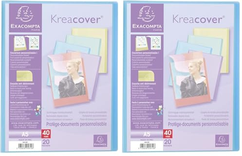 Exacompta - Réf. 5810E - 1 Protège-documents polypro semi-rigide personnalisable Kreacover Pastel - 20 pochettes cristal lisse - 40 vues - pour A5 - dim 18x23cm - 5 couleurs aléatoires (Lot de 2)