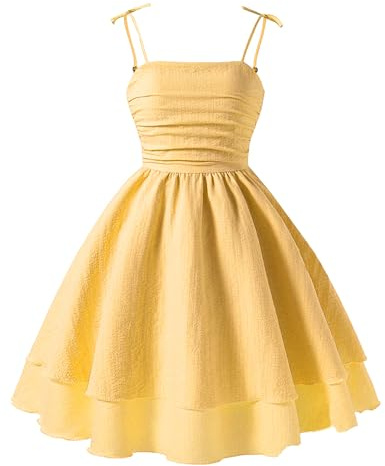 FEOYA Girls Spaghetti Strap Smocked Dress Layered Beach Sundress A-Line Midi Dresses 8-13 Years