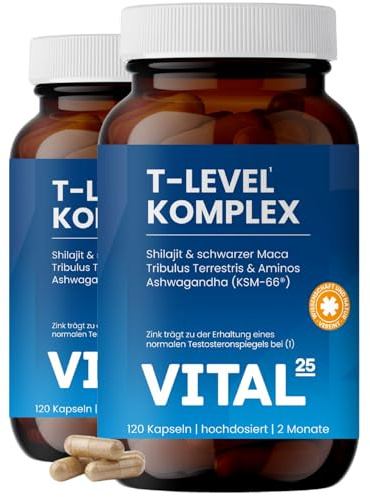 T-Level Testosteron Kapseln - hochdosiert mit Shilajit, Ashwagandha KSM-66®, Maca schwarz, Bockshornklee, Tribulus, Cordyceps, Bor, Aminos - laborgeprüft & vegan - 240 Kapseln für 4 Monate - Vital25®