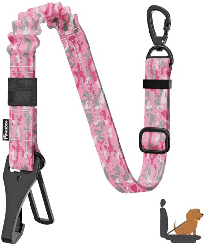 Pawaboo Ceinture de Sécurité pour Chien, Ceinture de Sécurité pour Chien, Attache Antichoc pour Chiens avec Boucle et Crochet, Laisse Harnais avec Boucle Verrouillable à 360°, Camouflage Rose