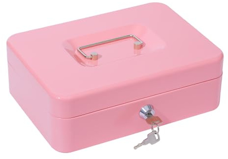 Cash Box with Key, Money Tin Box with Tray, Lockable Money Saving Box for Home, Office and Events, 25 * 18 * 9cm