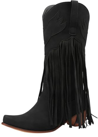 Generisch 2025 Botines de mujer de pantorrilla media, botines occidentales, botas de montar a la moda con detalle de flecos, cómodas botas de vestir de tacón grueso para mujer, botas de vestir
