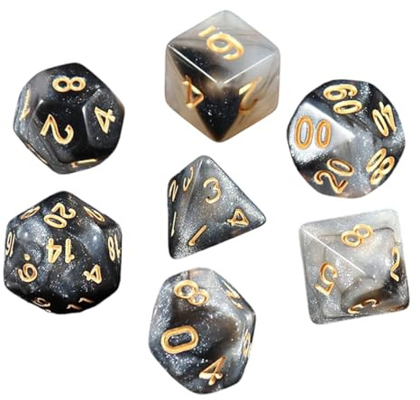 YUVKIN Juego de Dados Poliédricos, 7 Dados para Juegos de Mesa y Rol, Incluye D4, D6, D8, D10x2, D12, D20 (Negro y Blanco)