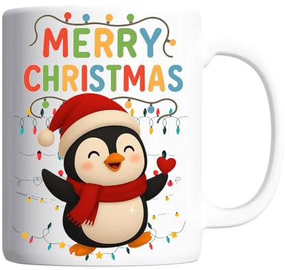 Pickhut Penguin Christmas Mug – Merry Christmas Coffee Cup with Cute Penguin in Santa Hat & Scarf – Holiday Hot Chocolate Tea Cup – Novelty Xmas Gift, Stocking Filler for Kids, Him, Her