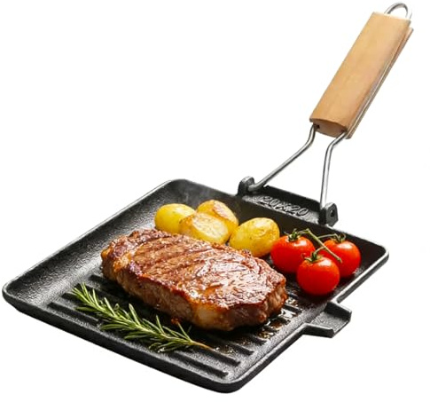 CEWROM Padella per bistecca in ghisa, manico pieghevole in legno, quadrata, 20 x 20 cm, per barbecue a gas, barbecue a carbone e tutti i piani cottura, incl. induzione, padella in ferro per esterni e
