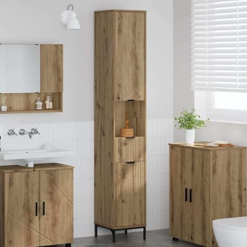 QZZCED Mobile da bagno alto con cassetto rovere Artisan 31,5 x 33 x 190 cm, armadio portaoggetti con ante a battente e livellatori regolabili, design moderno per spazi