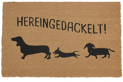 Relaxdays Fußmatte Kokos 80x50, Türvorleger 3 Dackel, rutschfest, wetterfest, Fußabstreifer innen & außen, Natur/schwarz