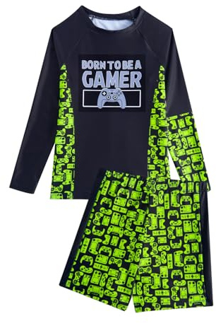 JiAmy Boys Swimming Costume 2 Piece Swim Set Gaming Long Sleeve UV Rash Guard Shirts with Swim Shorts Swimsuit for Kids 10-11 Years, Green