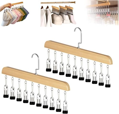 Perchas para Pantalones con Pinzas, 2026 Organizador de Armario Ahorra Espacio, Colgador Multiple para Pantalones, Faldas, Leggings, Metal Resistente (Wood*2PCS)