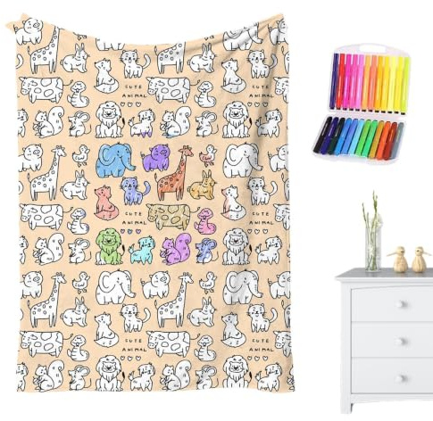 Målarfilt med markörer 100 cm x 140 cm, maskintvättbar tecknad design | Måla din egen filt för hantverk kul förälder-barn interaktion utbildning rekvisita barn och elever