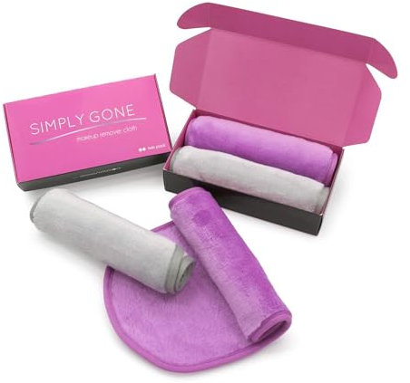Simply Gone Make Up Remover Cloth (2 Pack) | Reusable Magic Makeup Eraser removes all makeup, even waterproof mascara. Ideal for Sensitive Skin. (Grey & Purple)