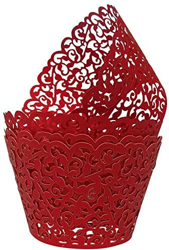 KOSTOO Spitzen-Cupcake-Einlagen, 50 Stück/Packung, Lasergeschnitten, Papier-Muffinförmchen für Hochzeit, Geburtstag, Party-Dekoration (Rot)