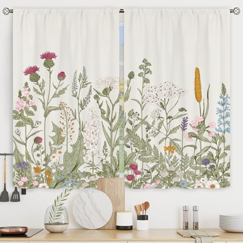 Riyidecor Cortinas de Cocina Florales pequeñas con Flores Silvestres, Cortinas de café, Hojas Verdes, Plantas, botánicas, Bolsillo para Barra, Granja, Hierbas salvias, Sala de Estar, Dormitorio,