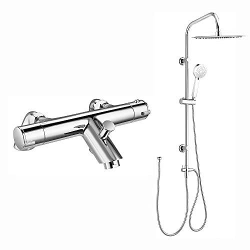 ENKI BBT0244 Dune Thermostatic Deck Mounted 300mm Rigid Riser Kit, Chrome | Solid Brass, Rainfall Shower Head, Body Jets, Handset & Hose, Bathroom
