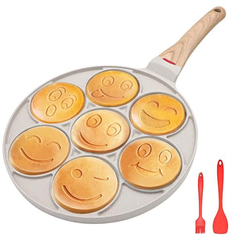 Bobikuke Smiley Face Pancake Pan, Pancake Frying Pan Non Stick, 7 Holes Mini Pancake Maker for Kids, Crepe Pan 26cm - White