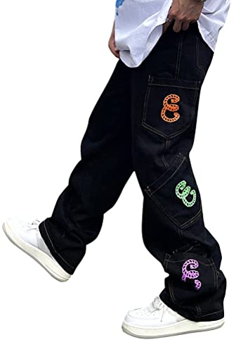 Onsoyours Jeans Droit Homme Patchwork Couleur Bloc Denim Pantalon Vintage Baggy Hip Hop Straight Leg Denim Pants Taille Haute en Détresse Trouser Streetwear O Noir L