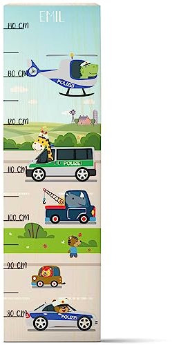 GRAVURZEILE Messlatte für Kinder aus Holz - Polizei Design - mit Namen für Kinderzimmer - Skala misst 80-140 cm - Größe 20 x 70 x 2 cm - Geschenk zur Geburt für Mädchen & Jungen