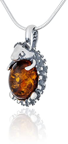 AMBEDORA Collana da Donna Riccio con Ambra, Argento Sterling Ossidato, Ambra Baltica Color Cognac, Ciondolo in Argento con Catena