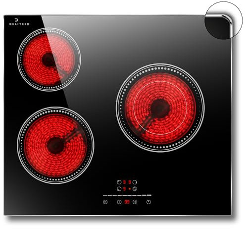 Plaque Vitrocéramique 3 Feux, DELITEER Vitrocéramique avec Cadre, 60cm Plaque de Cuisson électrique Encastrable Encastrable, 5200W, Commande Tactile à Curseur, Zone Flexible avec Double Zone