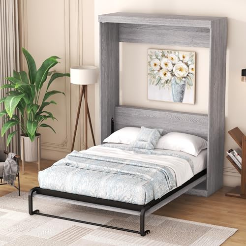 VilroCaz Solid Wood Full Size Murphy Bed Chest, Farmhouse 83''H Murphy Wall Bed Cabinet Bed Platform Bed for Guest Room Home Office, Space-Saving Design