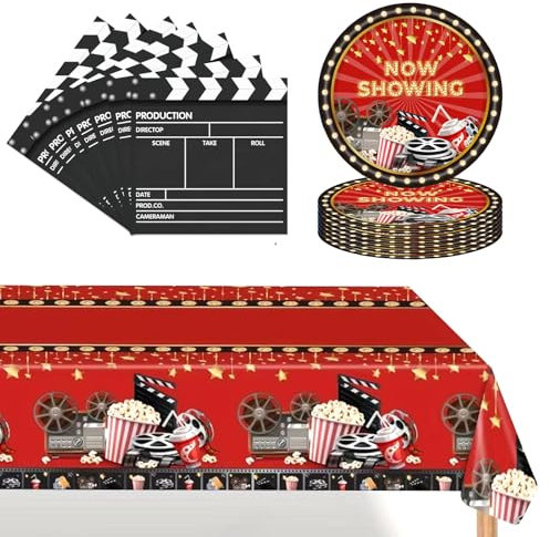 POPOYU 37Pcs Movie Night Party Paper Tableware Set,Hollywood Movie Night Party Plates Napkins Serviettes and Table Cloth,MovieNight Birthday Table Decorations for MovieNight Themed PartySupplies