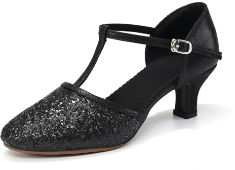 YCALCP Chaussures de Danse Latine Femme à Paillettes T-Starp Chaussures Danse Tango Salsa de Salon Bout Fermé,Talon de 5.5 cm,FT-135-Noir-R,EU 37