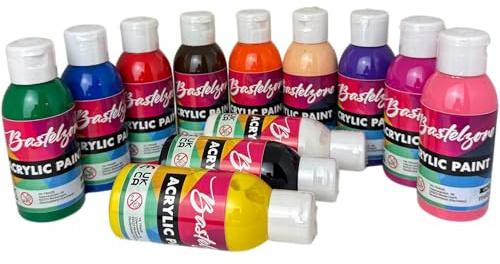 Bastelzone Set de peintures acryliques – 12 couleurs de 100 ml chacune – Peintures hautement pigmentées pour enfants et adultes – Polyvalent pour papier, toile, bois, pierre, tissu, métal, pouring et