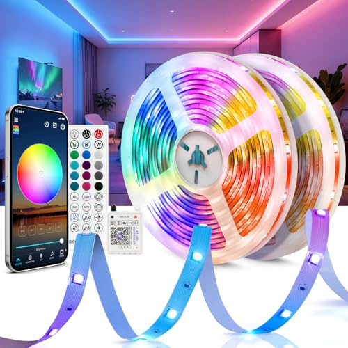 Beaeet Striscia LED 20 Metri 24V RGB, Luci LED Camera da Letto con Telecomando & App Bluetooth, Strisce LED Adesive per Interni, Plafond, Gaming, LED Strip Light Tagliabile, Luce LED RGB 5050 (2×10m)