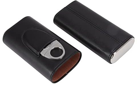 WPKD BLUEIY Cigarrfodral med 3 finger, bärbar mjuk glänsande cigarrhållare i läder med skärare för resor, svart, järnskydd, lätt design