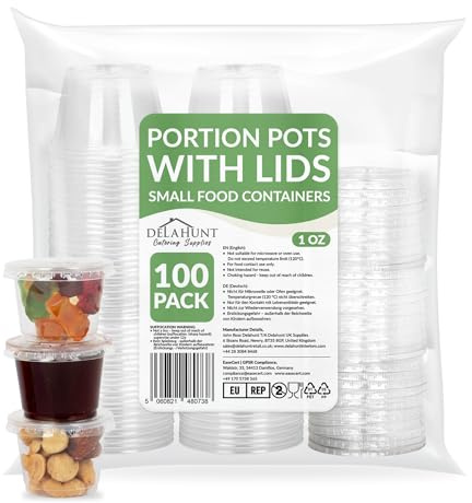 1oz (30ml) Small Disposable Plastic Portion Pots with Lids [100 Pack] - Clear Round Leakproof Deli Pot Containers for Sauce, Dips, Jelly Shots, Jello, Salad Dressing, Snack, Meal Prep & Takeaway Use