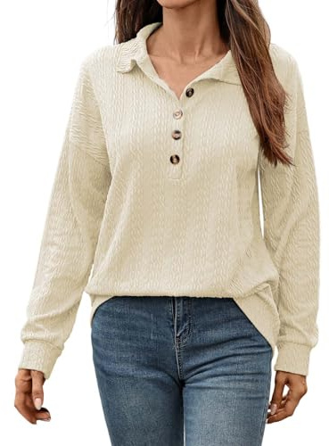 Duohropke Knitted Jumper Women's Elegant Long Sleeve Knitted Pullover Long Sleeve Oversize T-Shirt Thin V-Neck Sweatshirts with Buttons Sweater Tops Clothes Tops Sweatshirt, beige, L