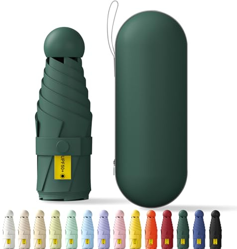 Betrynidil Parapluie Pliable de Voyage MINI - Mini Parapluie De Poche, Anti-UV, Léger, Compact, petit parapluie portable compact pour hommes et femmes Avec boîte capsule (Vert foncé)