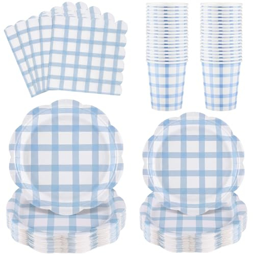 96 Pcs Light Blue Gingham Paper Plates and Napkins Party Supplies Serve 24 | Disposable Party Tableware Include Scalloped Plates and Napkins for Birthday, Baby Shower, Wedding, Tea Parties, Picnic