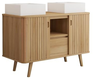 WAMENA - Mueble de baño con patas de teca con doble lavabo cuadrado de cerámica, 120 cm