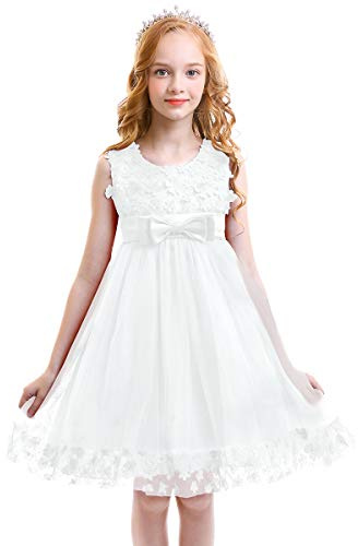 FYMNSI Vestido de Niña de Las Flores Niños Bebé Boda Dama de Honor Princesa Tutu Tul Vestido Corto Sin Mangas Bowknot Fiesta de Cumpleaños Cóctel Noche Vestido de Bola Blanco 5-6 Años