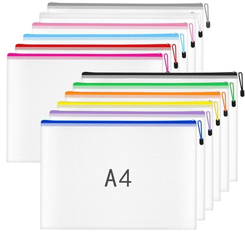 12Pcs Plastic Wallets A4 Zip Wallets Plastic Folders Zip Lock Bags A4 | Zip Folder Document Wallet Zipper File Bags for Household Bills, Receipts, Important Papers, Clear File Storage Office Home