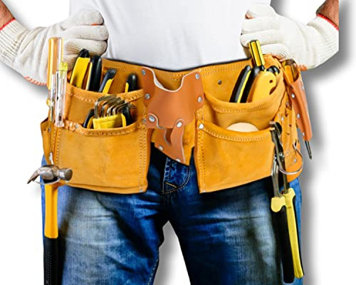 VIRTIONZ MWIRE Gift for Men, Premium Leather Tool Belt for Men – Adjustable Carpenter Belt (Fits Waist 33–48) | Heavy-Duty Construction Pouch for Framers, Handyman, Electricians – Brown