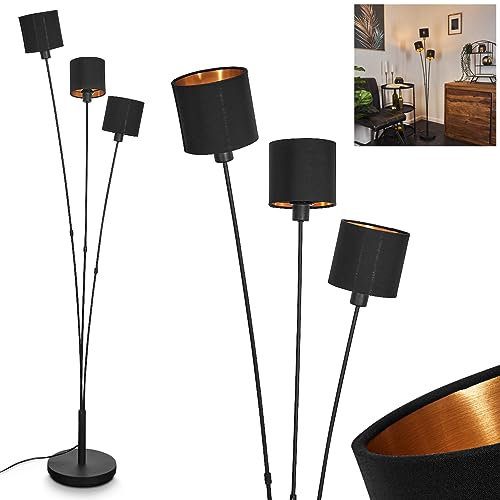 Stehleuchte Alsen, runde Bodenlampe aus Metall in Schwarz und Stoffschirmen in Schwarz/Goldfarben, 3-flammige Standlampe, 3 x E14, mit Fußschalter am Kabel, ohne Leuchtmittel
