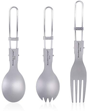iBasingo Camping Cutlery Set Titanium Folding Spoon Spork Fork Outdoor Travel Portable Tableware Small Lightweight Flatware Business Trip Picnic Hiking Fishing Dinnerware with Pouch Ti1026T